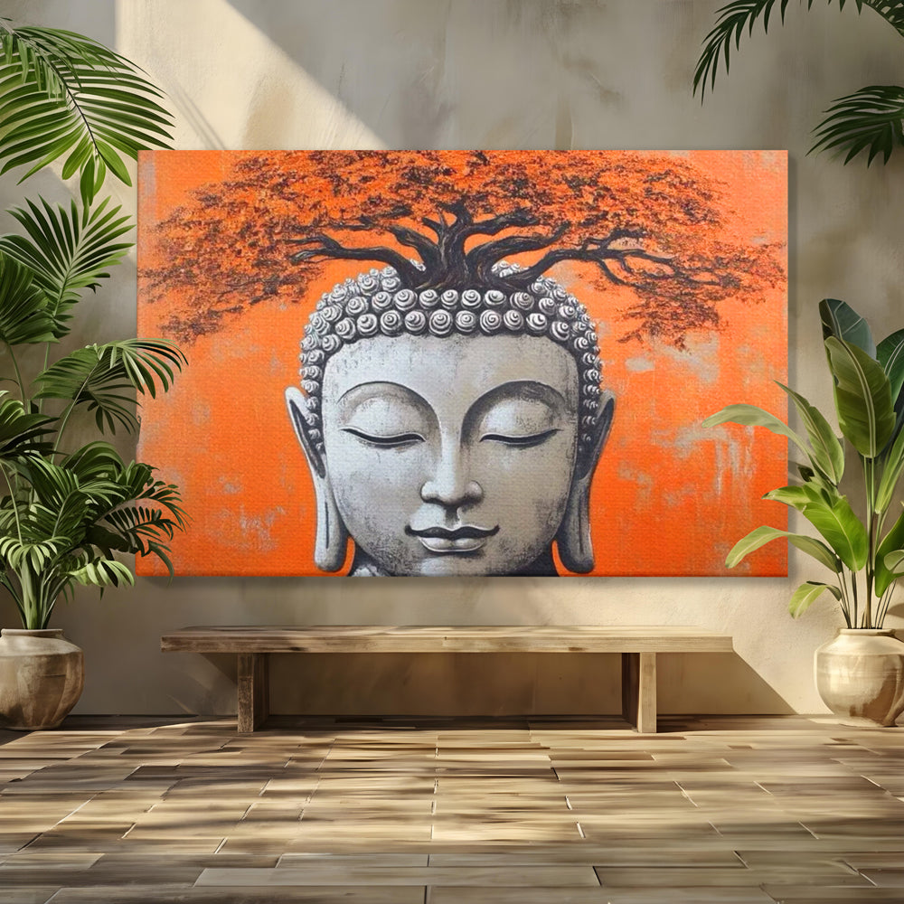 Tablou canvas cu tablou canvas cu capul lui buddha si copac, fara rama, pe sasiu de lemn